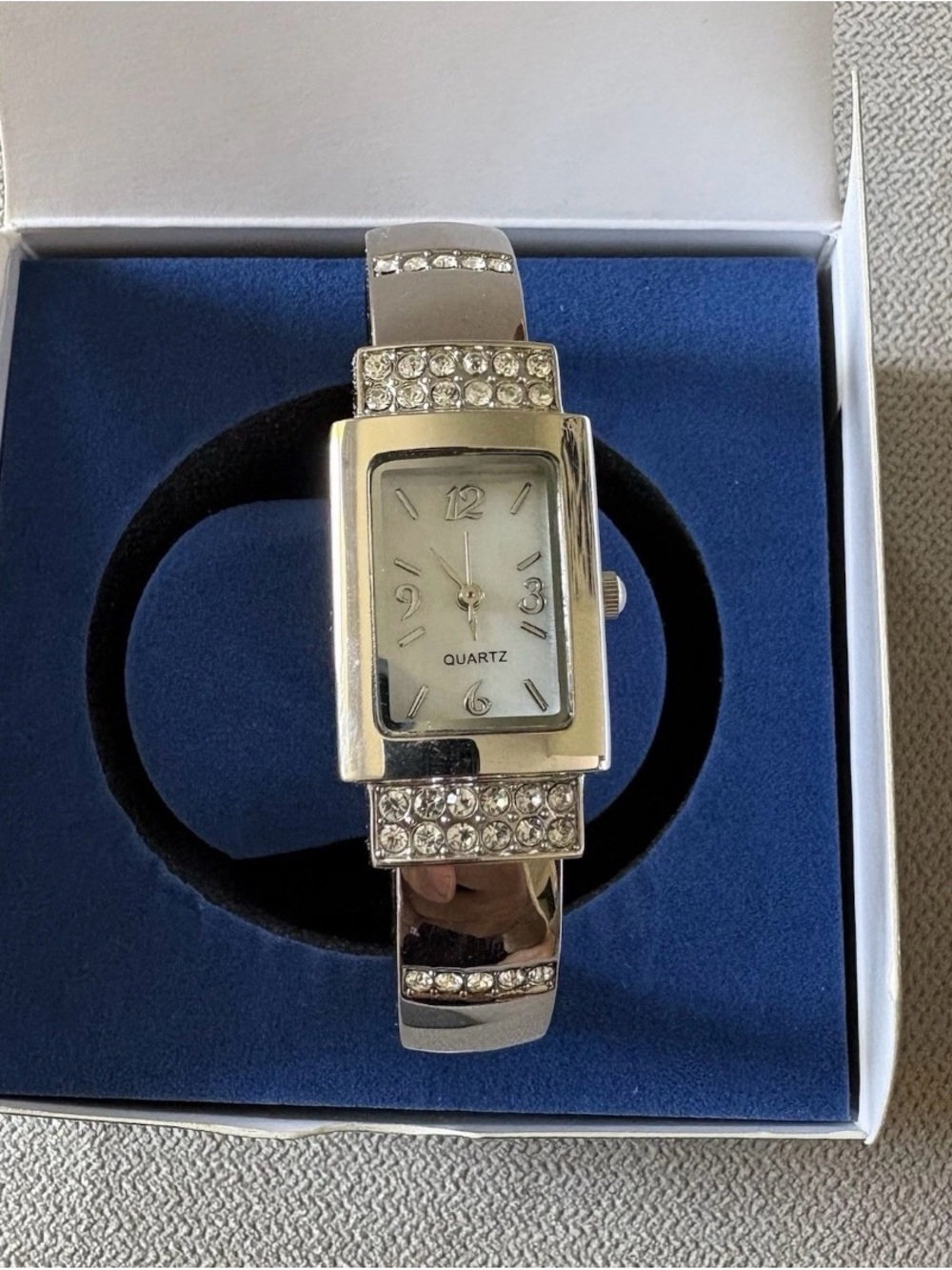 Avon Silver Tone Rectangle Rhinestone Cuff Watch, Stainless, No Battery